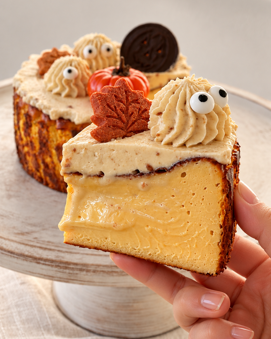 Halloween pumpkin Basque cheesecake slice close-up with a creamy center and ghost decoration