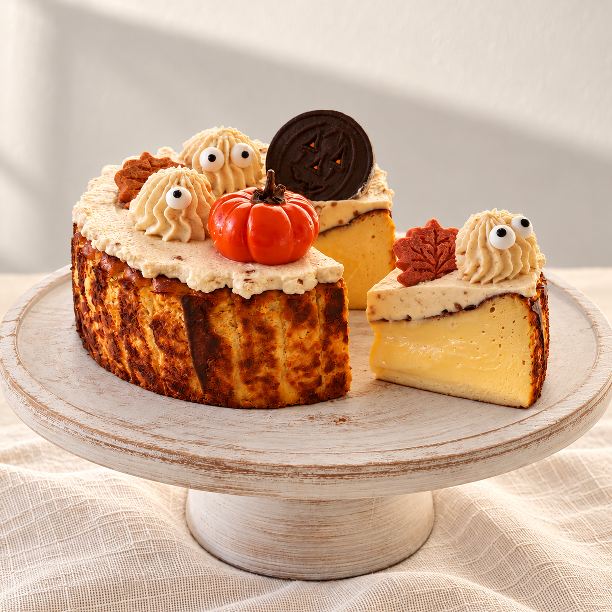 Halloween Special Basque Cheesecake with ghost decorations and a creamy pumpkin slice